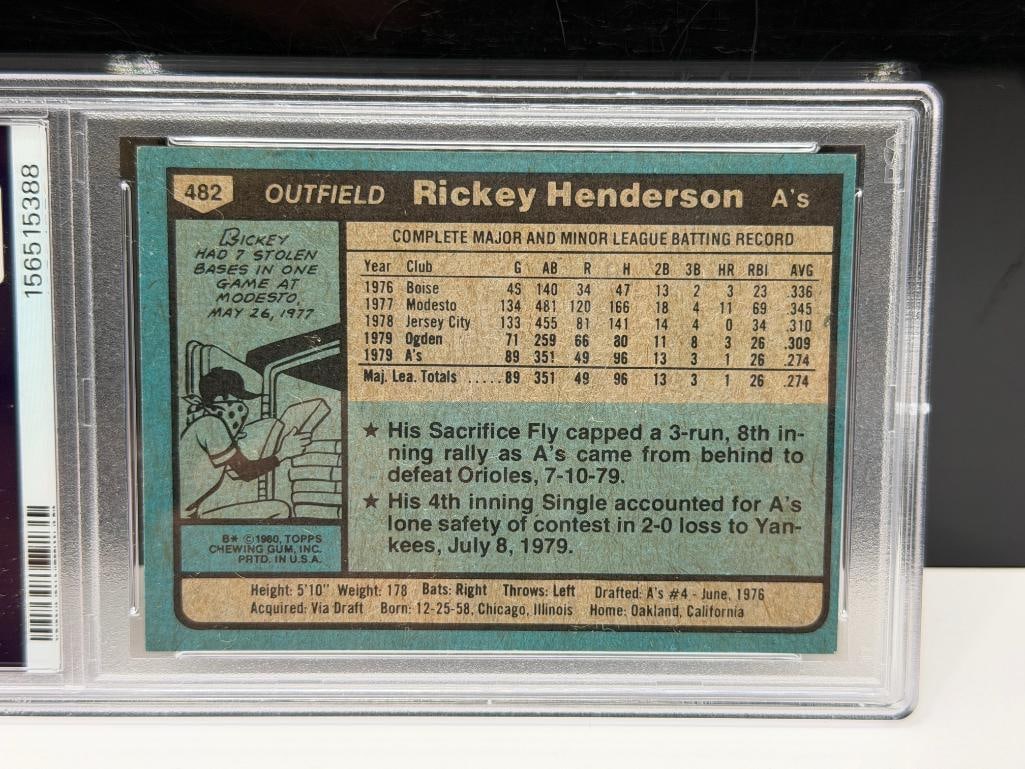 1980 TOPPS #482 RICKEY HENDERSON ROOKIE BASEBALL CARD PSA NM-MT 8 - 6