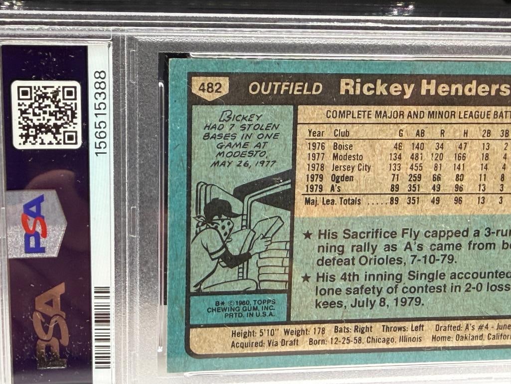 1980 TOPPS #482 RICKEY HENDERSON ROOKIE BASEBALL CARD PSA NM-MT 8 - 7