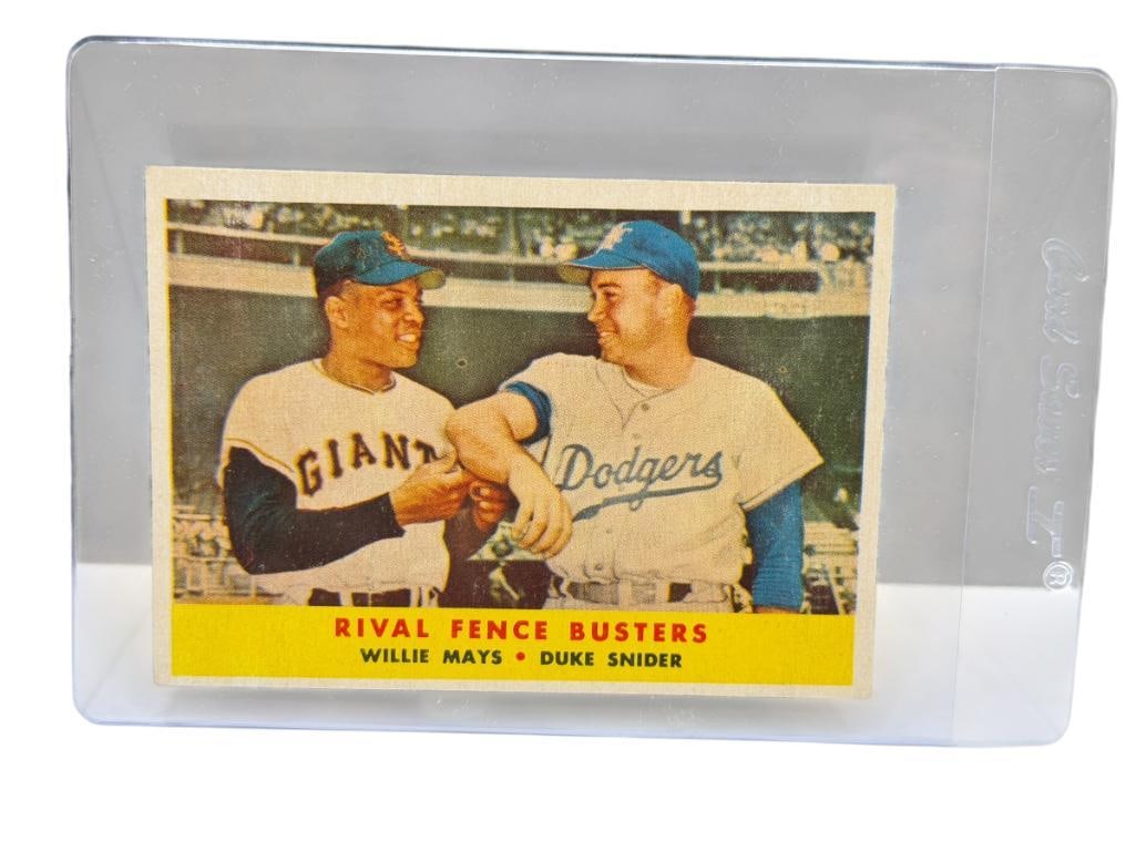 1958 TOPPS # 436 WILLIE MAYS DUKE SNIDER RIVAL FENCE BUSTERS BASEBALL CARD: HALL OF FAMERS, RARE CARD, SEE PHOTOS FOR CONDITION, FROM THE ESTATE OF A LOCAL RENO, NV DOCTOR AT RENOWN WHO RAN BIG LEAGUE SPORTS MEDICINE BASEBALL CAMP FOR NEARLY 20 YEARS, DOCTOR JOHN ANDREW
