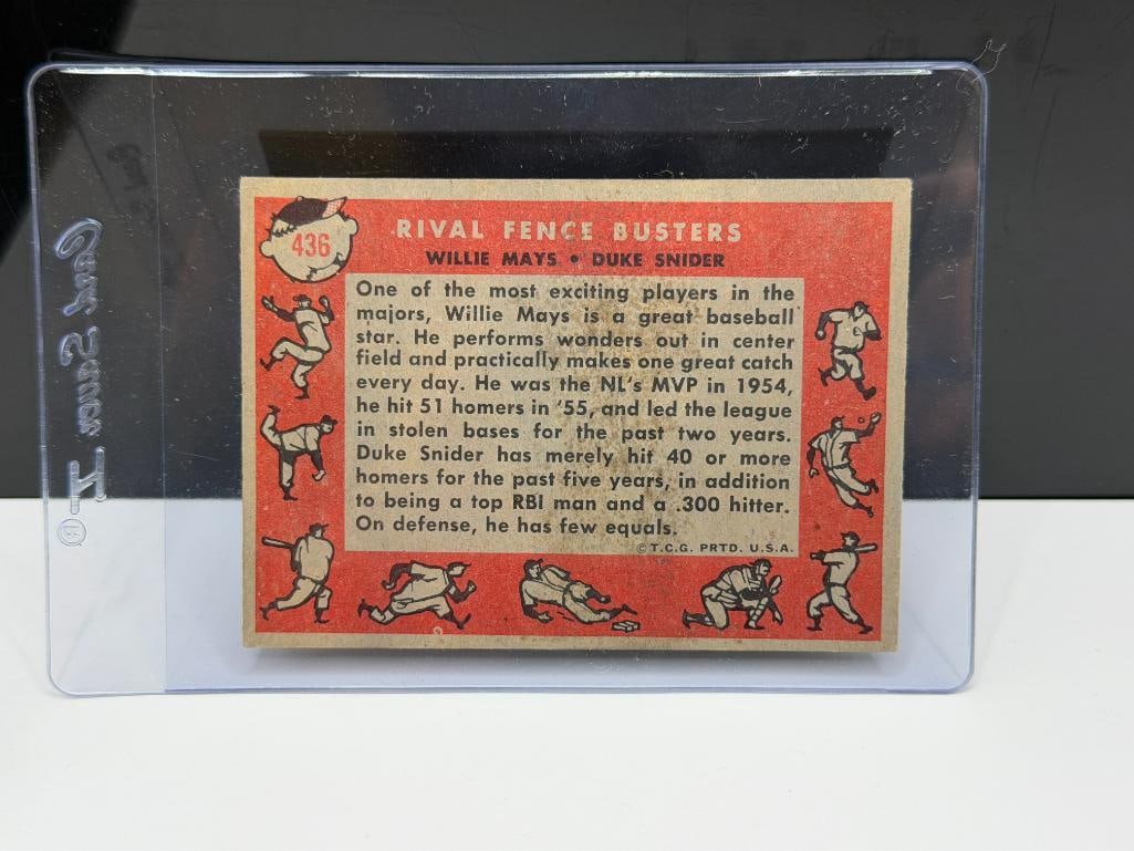1958 TOPPS # 436 WILLIE MAYS DUKE SNIDER RIVAL FENCE BUSTERS BASEBALL CARD - 6
