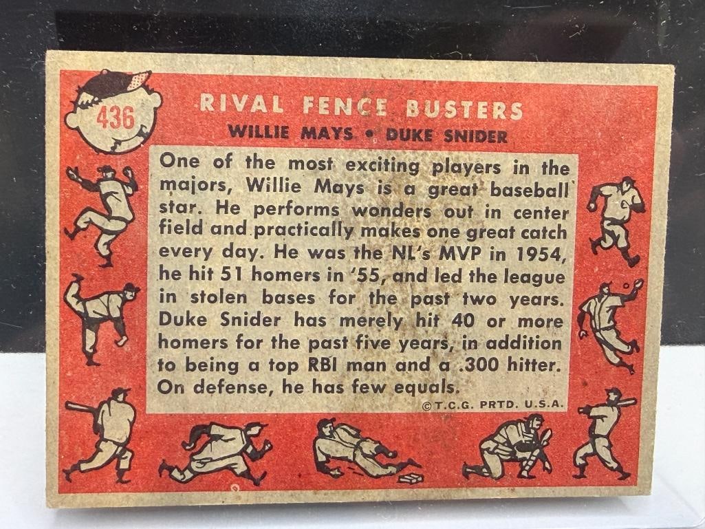 1958 TOPPS # 436 WILLIE MAYS DUKE SNIDER RIVAL FENCE BUSTERS BASEBALL CARD - 7