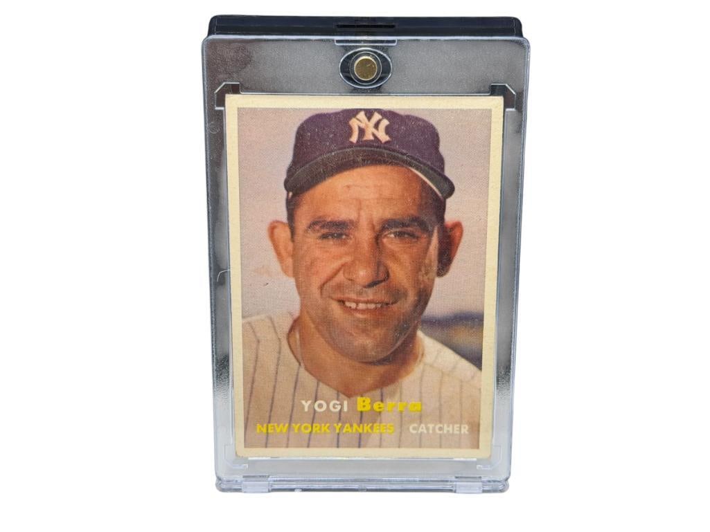 1957 TOPPS #2 YOGI BERRA BASEBALL CARD: LAWRENCE P. BERRA, NEW YORK YANKEES, HALL OF FAMER, RARE CARD, SEE PHOTOS FOR CONDITION, FROM THE ESTATE OF A LOCAL RENO, NV DOCTOR AT RENOWN WHO RAN BIG LEAGUE SPORTS MEDICINE BASEBALL CAMP FOR