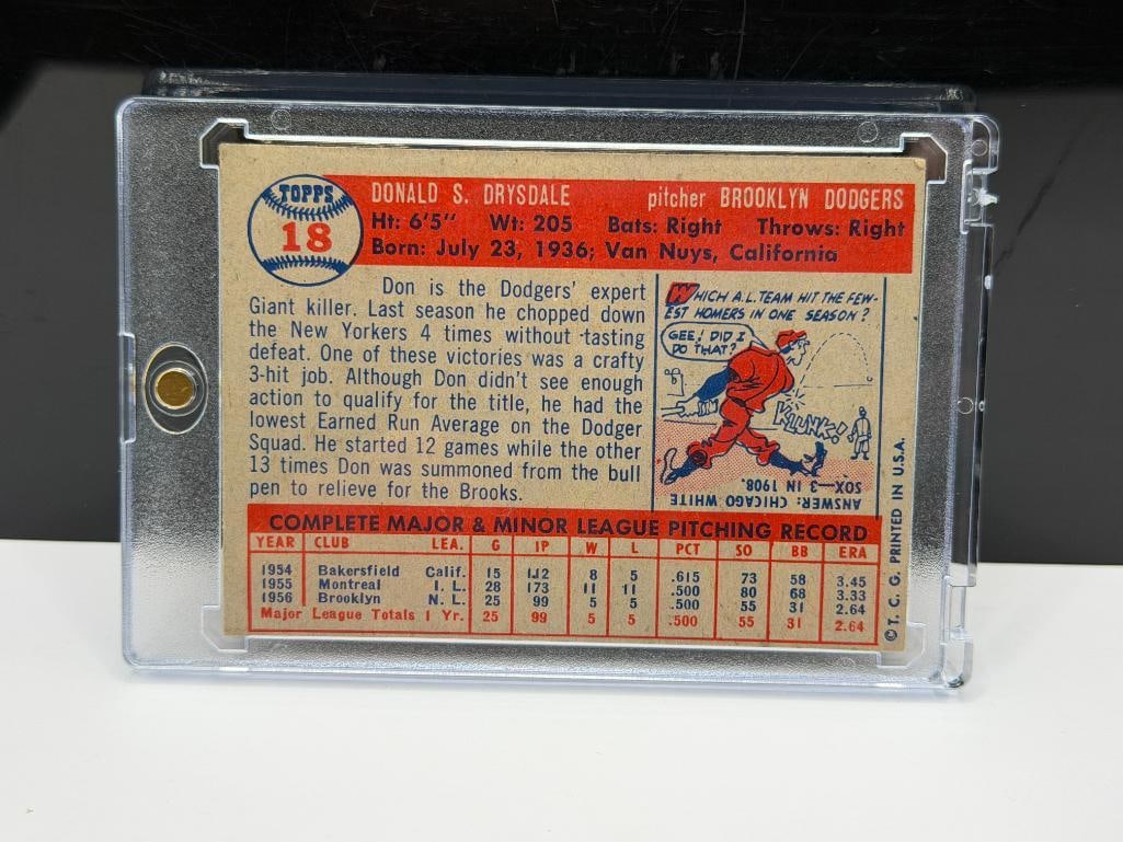 1957 TOPPS #18 DON DRYSDALE ROOKIE BASEBALL CARD - 6
