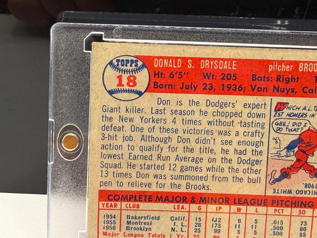 1957 TOPPS #18 DON DRYSDALE ROOKIE BASEBALL CARD - 7