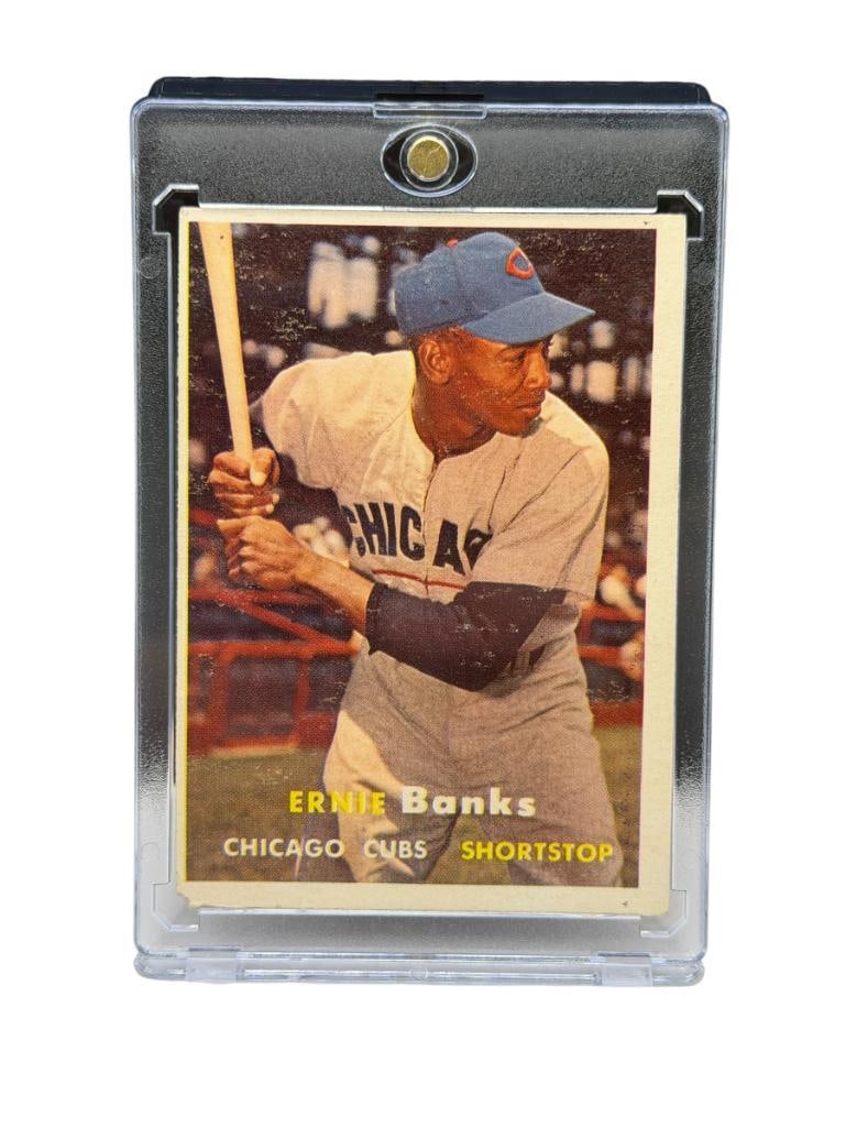 1957 TOPPS #55 ERNIE BANKS BASEBALL CARD: ERNEST BANKS, CHICAGO CUBS, "MR. CUB," HALL OF FAMER, RARE CARD, SEE PHOTOS FOR CONDITION, FROM THE ESTATE OF A LOCAL RENO, NV DOCTOR AT RENOWN WHO RAN BIG LEAGUE SPORTS MEDICINE BASEBALL CAMP