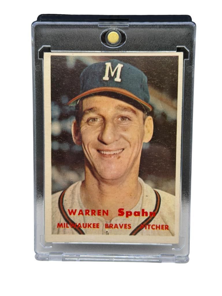 1957 TOPPS #90 WARREN SPAHN BASEBALL CARD: WARREN S. SPAHN, MILWAUKEE BRAVES, HALL OF FAMER, RARE CARD, SEE PHOTOS FOR CONDITION, FROM THE ESTATE OF A LOCAL RENO, NV DOCTOR AT RENOWN WHO RAN BIG LEAGUE SPORTS MEDICINE BASEBALL CAMP FOR