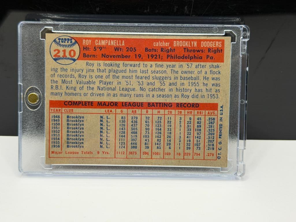 1957 TOPPS #210 ROY CAMPANELLA BASEBALL CARD - 6