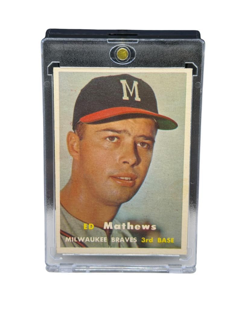 1957 TOPPS #250 ED MATHEWS BASEBALL CARD: EDWIN L. MATHEWS JR., MILWAUKEE BRAVES, HALL OF FAMER, RARE CARD, SEE PHOTOS FOR CONDITION, FROM THE ESTATE OF A LOCAL RENO, NV DOCTOR AT RENOWN WHO RAN BIG LEAGUE SPORTS MEDICINE BASEBALL CAMP