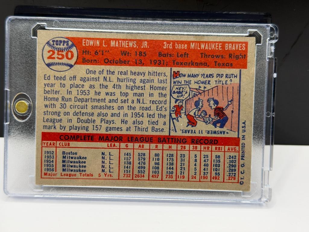 1957 TOPPS #250 ED MATHEWS BASEBALL CARD - 6