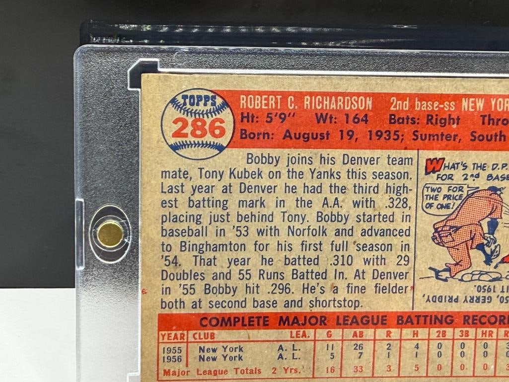 1957 TOPPS #286 BOBBY RICHARDSON BASEBALL CARD - 7