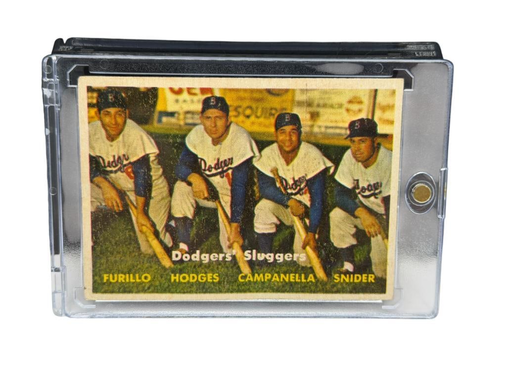 1957 TOPPS #400 FURILLO HODGES CAMPANELLA SNIDER DODGERS' SLUGGERS BASEBALL CARD: FEATURING FOUR HOME RUNS HITTERS FOR THE BROOKLYN DODGERS INCLUDING HALL OF FAMERS, HALL OF FAMER, RARE CARD, SEE PHOTOS FOR CONDITION, FROM THE ESTATE OF A LOCAL RENO, NV DOCTOR AT RENOWN WHO