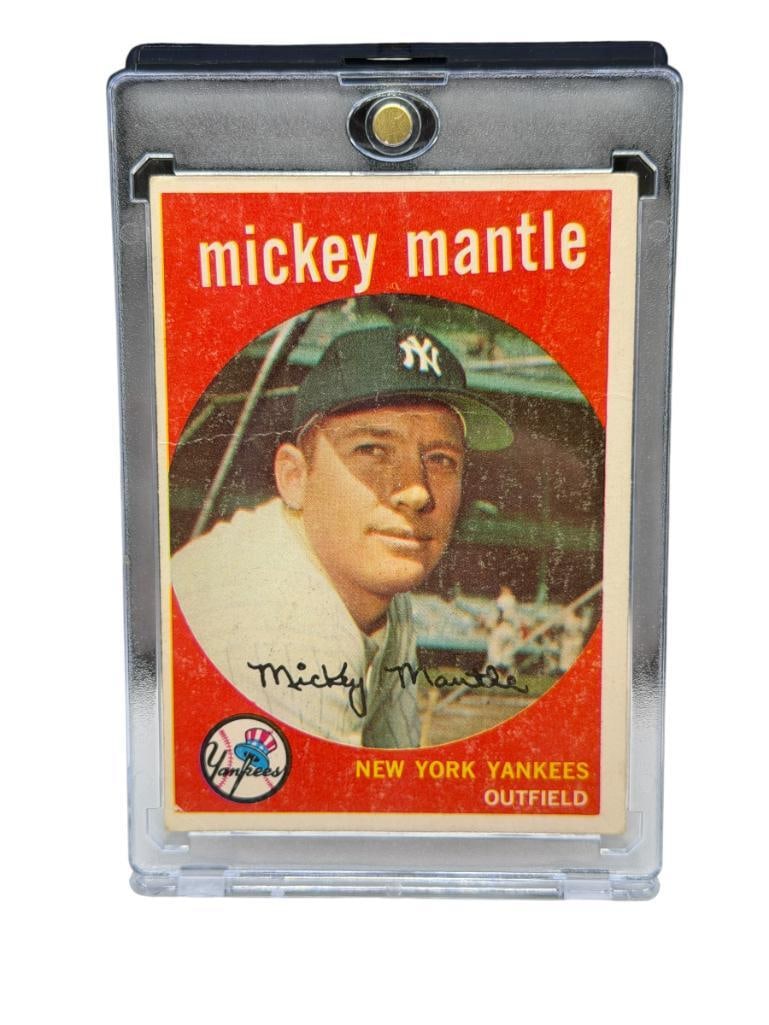 1959 TOPPS #10 MICKEY MANTLE BASEBALL CARD: NEW YORK YANKEES, HALL OF FAMER, RARE CARD, SEE PHOTOS FOR CONDITION, FROM THE ESTATE OF A LOCAL RENO, NV DOCTOR AT RENOWN WHO RAN BIG LEAGUE SPORTS MEDICINE BASEBALL CAMP FOR NEARLY 20 YEARS, DO