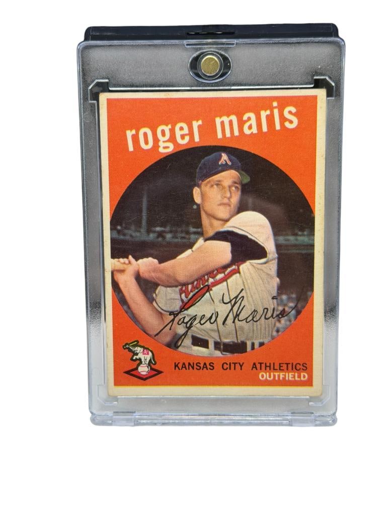 1959 TOPPS #202 ROGER MARIS BASEBALL CARD: KANSAS CITY ATHLETICS, HALL OF FAMER, RARE CARD, SEE PHOTOS FOR CONDITION, FROM THE ESTATE OF A LOCAL RENO, NV DOCTOR AT RENOWN WHO RAN BIG LEAGUE SPORTS MEDICINE BASEBALL CAMP FOR NEARLY 20