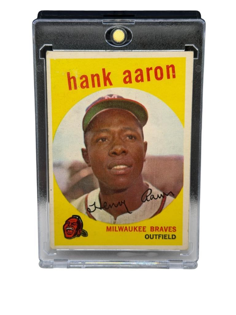 1959 TOPPS #380 HANK AARON BASEBALL CARD: MILWAUKEE BRAVES, HALL OF FAMER, RARE CARD, SEE PHOTOS FOR CONDITION, FROM THE ESTATE OF A LOCAL RENO, NV DOCTOR AT RENOWN WHO RAN BIG LEAGUE SPORTS MEDICINE BASEBALL CAMP FOR NEARLY 20 YEARS, DO