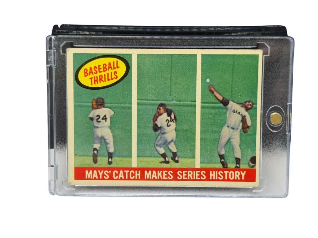 1959 TOPPS #464 WILLIE MAYS MAYS' CATCH MAKES SERIES HISTORY BASEBALL CARD: ICONIC BASEBALL CARD FEATURING DEPICTION OF THE GREATEST CATCH EVER MADE, BASEBALL THRILLS, HALL OF FAMER, RARE CARD, SEE PHOTOS FOR CONDITION, FROM THE ESTATE OF A LOCAL RENO, NV DOCTOR AT