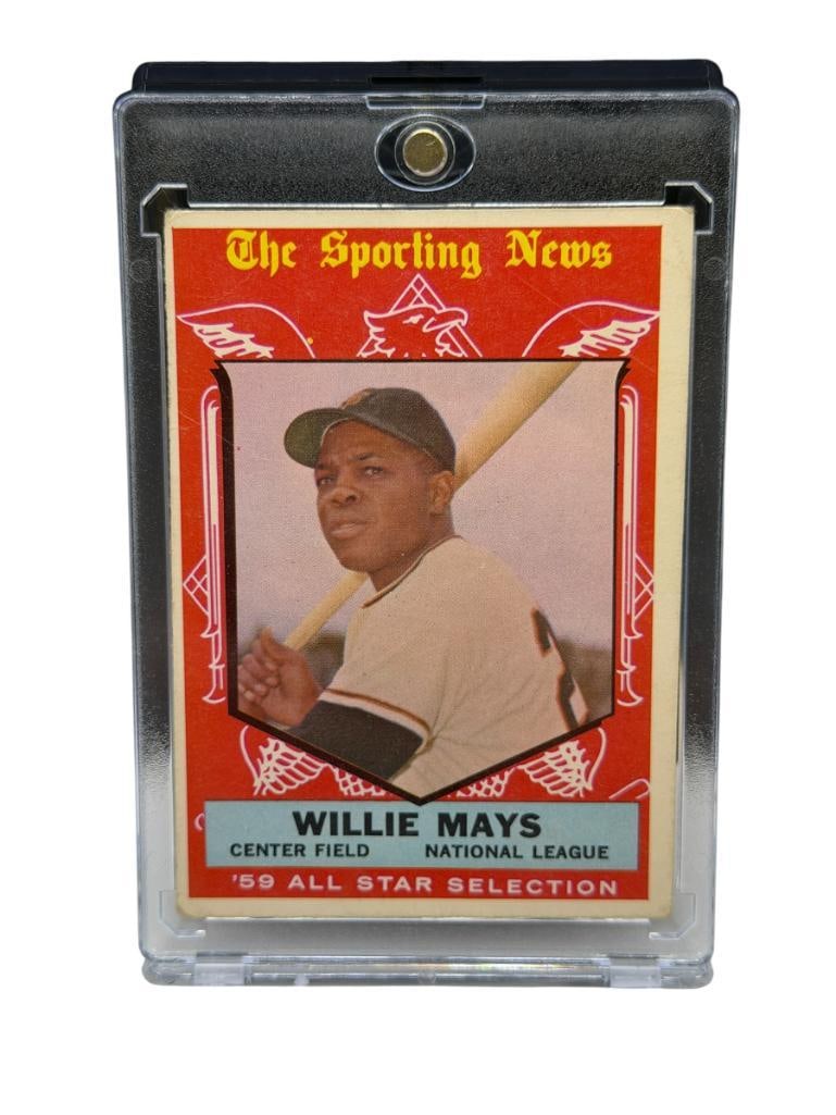 1959 TOPPS #563 WILLIE MAYS 59' ALL STAR SELECTION THE SPORTING NEWS BASEBALL CARD: NATIONAL LEAGUE, HALL OF FAMER, RARE CARD, SEE PHOTOS FOR CONDITION, FROM THE ESTATE OF A LOCAL RENO, NV DOCTOR AT RENOWN WHO RAN BIG LEAGUE SPORTS MEDICINE BASEBALL CAMP FOR NEARLY 20 YEARS,