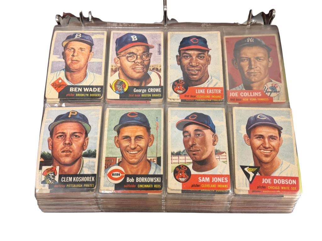 1953 TOPPS BASEBALL CARD SET ONLY MISSING FIVE CARDS: APPEARS TO ONLY BE MISSING CARD # 1, 82, 104, 220, AND 244, GREAT SET OF BASEBALL CARDS IN VARIOUS CONDITIONS INCLUDING SOME HALL OF FAMERS, IN BINDER, RARE CARDS, SEE PHOTOS FOR CONDITION, FROM THE