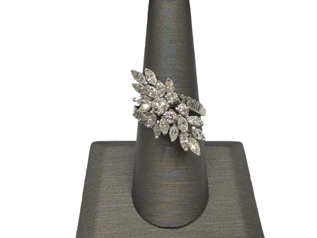 PLATINUM AND DIAMOND CLUSTER RING FEATURING 3.93CTTW OF VARIOUS CUT DIAMONDS: RING FEATURES VARIOUS CUTS OF DIAMONDS SET IN A FLORAL STARBURST DESIGN, APPRAISED VALUE OF $17,376.00, APPRAISED BY BRIAN ROCCA, SEE APPRAISAL