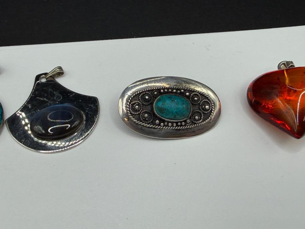FOUR FASHION JEWELRY PENDANTS INCLUDING STERLING SILVER ISRAEL MADE PENDANT, AMBER, AND MORE - 2
