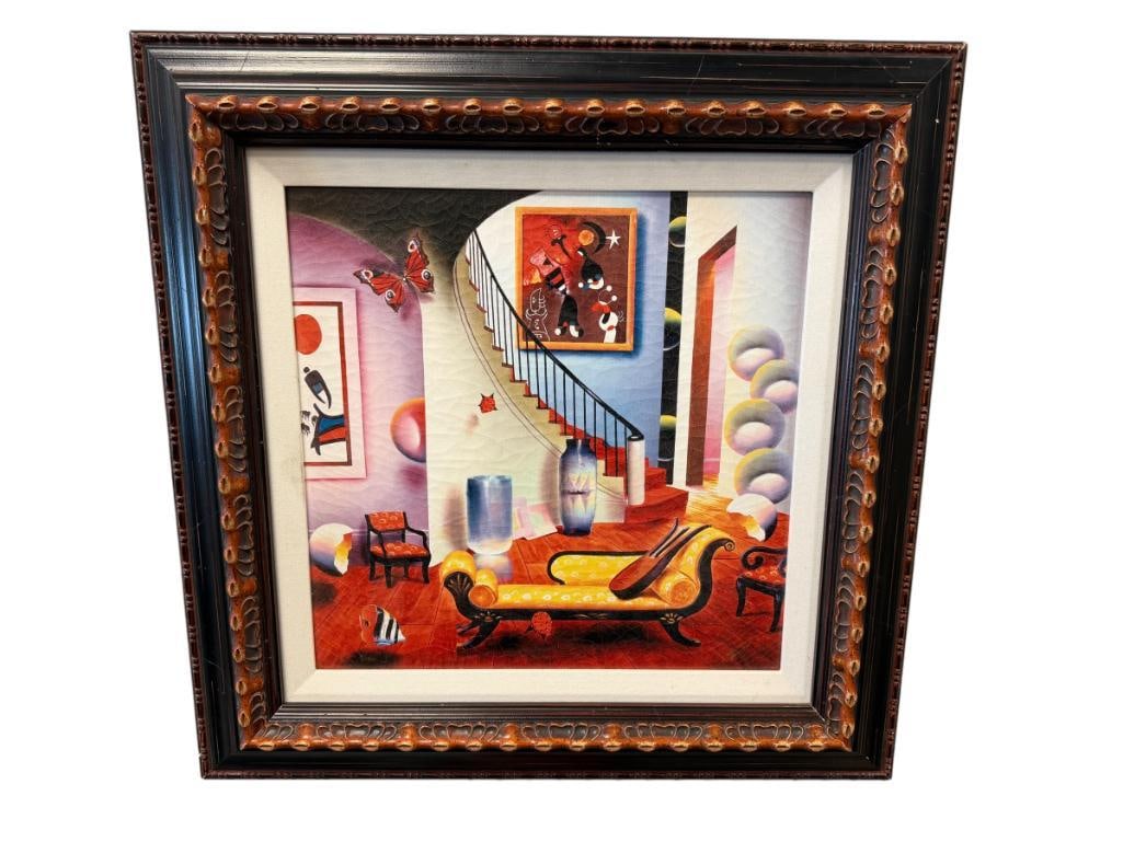 FERJO / FERNANDO DE JESUS OLIVEIRA BRAZILIAN ARTIST LIMITED EDITION WHIMSICAL PRINT ON BOARD: ART DEPICTS SURREAL INSPIRED SCENE OF A LIVING AREA WITH CRACKED EGGS, FLOATING FISH, ETC. SIGNED LOWER RIGHT NO. 20/350 PUBLISHED BY PARK WEST, FRAMED 22 1/2" X 22 1/2" FRAME