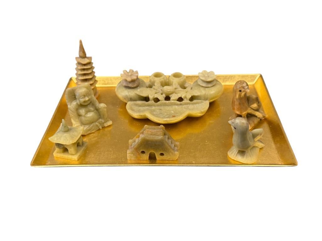 VINTAGE CARVED SOAPSTONE MINIATURE CARVINGS INCENSE HOLDER, PAGODA, SEATED BUDDHA, BRIDGE, BIRDS (1 of 8)