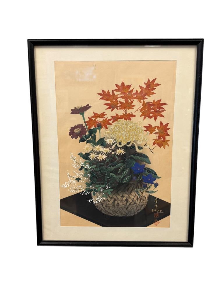 OHNO BAKUFU JAPANESE ARTIST WOODBLOCK PRINT FLOWERS IN A BASKET / AUTUMN SHIN-HANGA STYLE: OHNO BAKUFU (1888-1976) WAS A JAPANESE ARTIST WHO ILLUSTRATED IN THE SHIN-HANGA STYLE, ART DEPICTS VIBRANT FLOWERS IN A BASKET, SIGNED LOWER RIGHT, FRAMED 14 1/2" X 18 1/2" FRAME