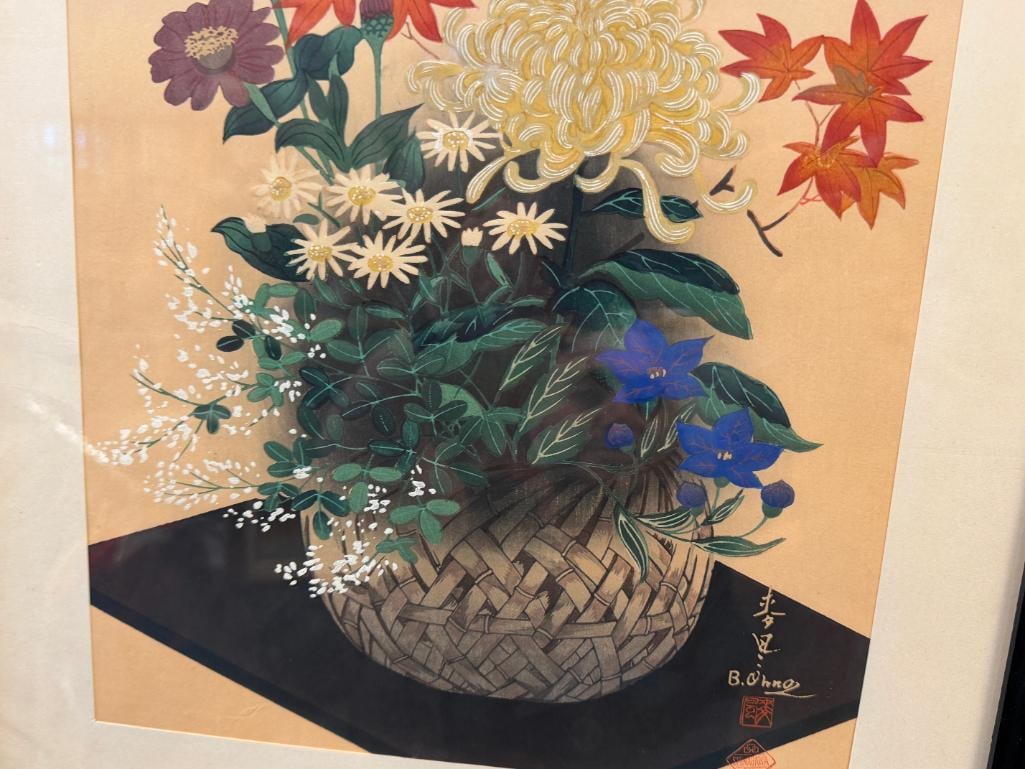 OHNO BAKUFU JAPANESE ARTIST WOODBLOCK PRINT FLOWERS IN A BASKET / AUTUMN SHIN-HANGA STYLE - 2