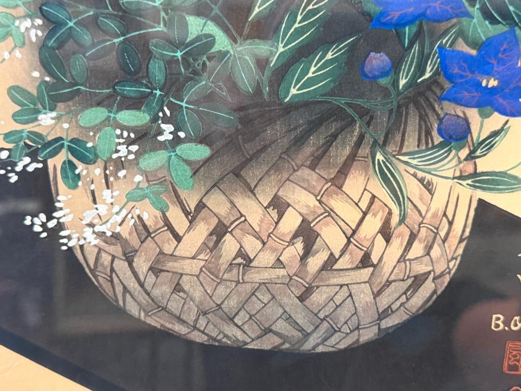 OHNO BAKUFU JAPANESE ARTIST WOODBLOCK PRINT FLOWERS IN A BASKET / AUTUMN SHIN-HANGA STYLE - 4