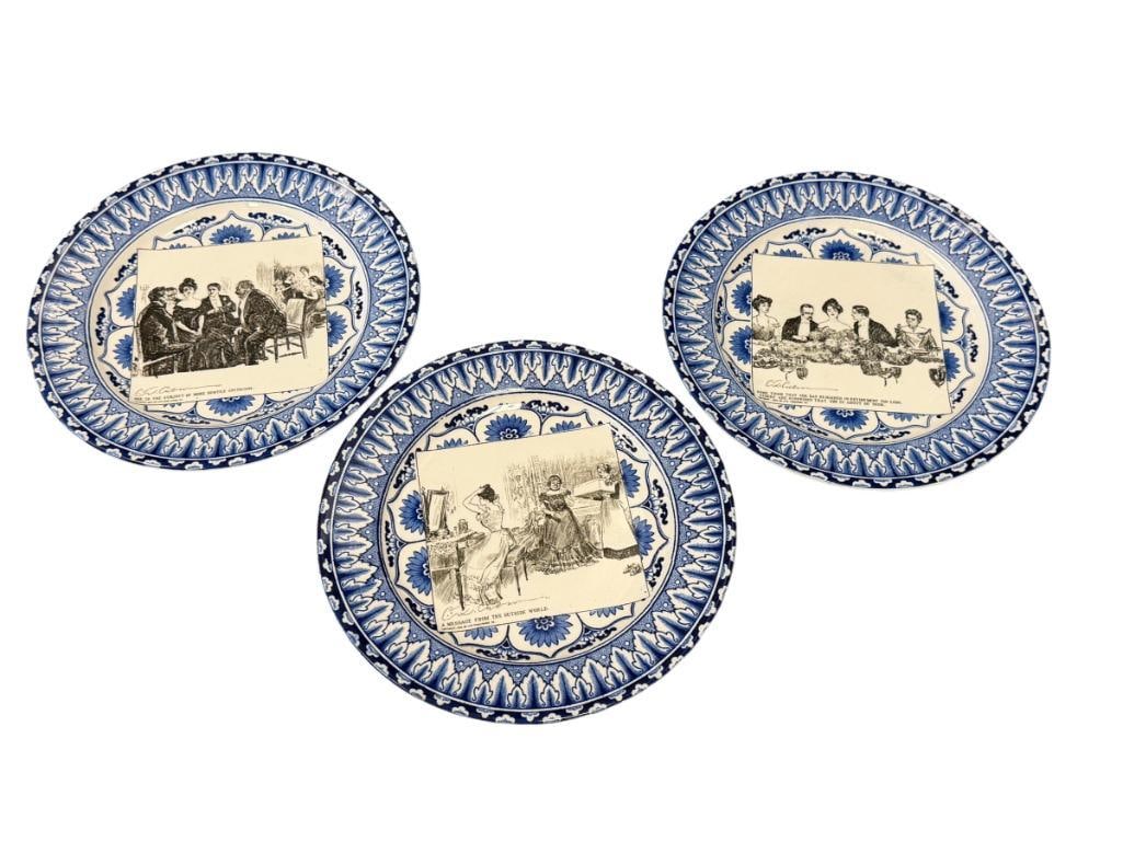 EARLY 1900'S ROYAL DOULTON BLUE AND WHITE FLOW BLUE DESIGN GIBSON GIRL WIDOW AND HER FRIENDS PLATES: SET OF THREE PLATES, ILLUSTRATIONS BY CHARLES DANA GIBSON, EACH PLATE HAS BLACK AND WHITE ILLUSTRATIONS IN THE CENTER WITH COMMENTARY ON THE BOTTOM, NO CHIPS OR CRACKS, MADE IN ENGLAND 10 3/8" ROUND