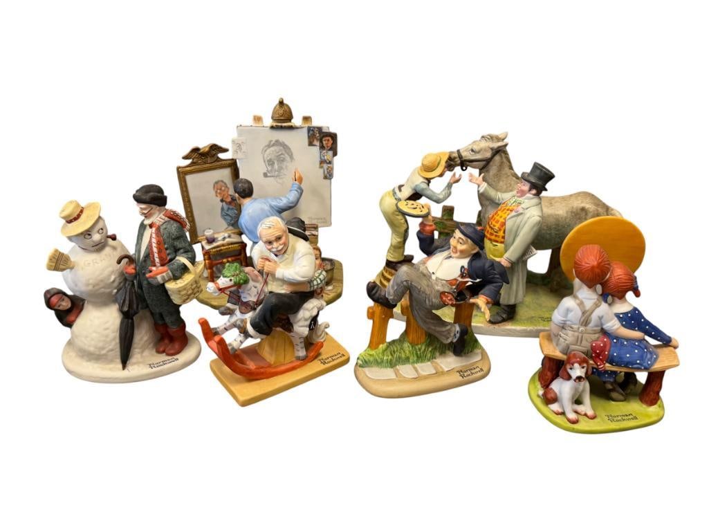 NORMAN ROCKWELL HAND PAINTED PORELAIN FIGURES TOTAL OF SIX: GRANDPA SNOWMAN, GRAMPS AT THE REINS, CAUGHT IN THE ACT, YOUNG LOVE, THE HORSE TRADER, AND TRIPLE SELF PORTRAIT, NO CHIPS OR DAMAGE TO ANY OF THE FIGURINES 6" UP TO 8 1/4" H