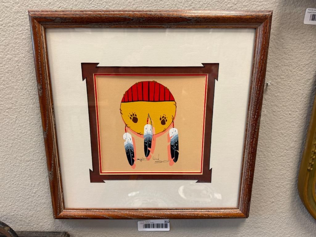 ERIC BIG SOLDIER WOOD IOWA TRIBE NATIVE AMERICAN ARTIST GOUACHE ON PAPER: BIG SOLDIER WOOD (1961-2017) WAS AN AMERICAN ARTIST KNOWN FOR HIS GOUACHE PAINTINGS OF PLAINS CULTURE, ART DEPICTS BEAR PAW DREAM CATCHER WITH FEATHERS,SIGNED LOWER CENTER, FRAMED 15 1/2" X 15 1/2"