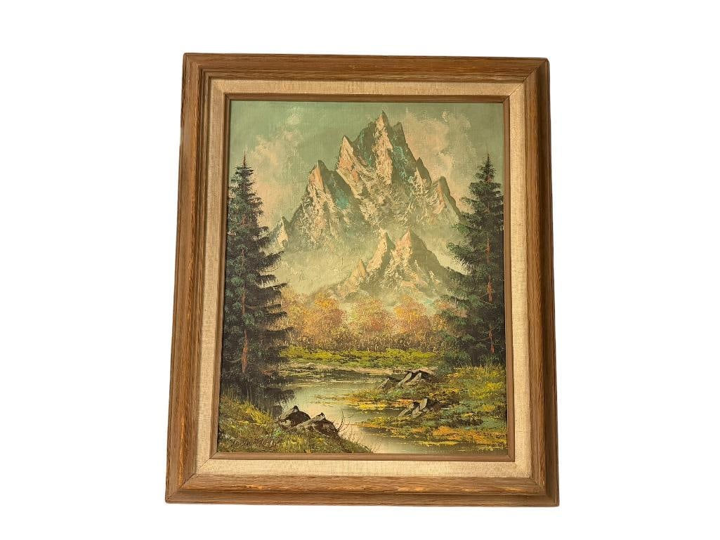 VINTAGE ORIGINAL OIL PAINTING ON CANVAS OF SNOW CAPPED MOUNTAIN LANDSCAPE SIGNED DUVALL (1 of 9)