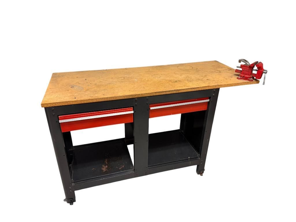 INDUSTRIAL WORK BENCH WITH PRESSED WOOD TOP AND MOUNTED VISE (1 of 20)