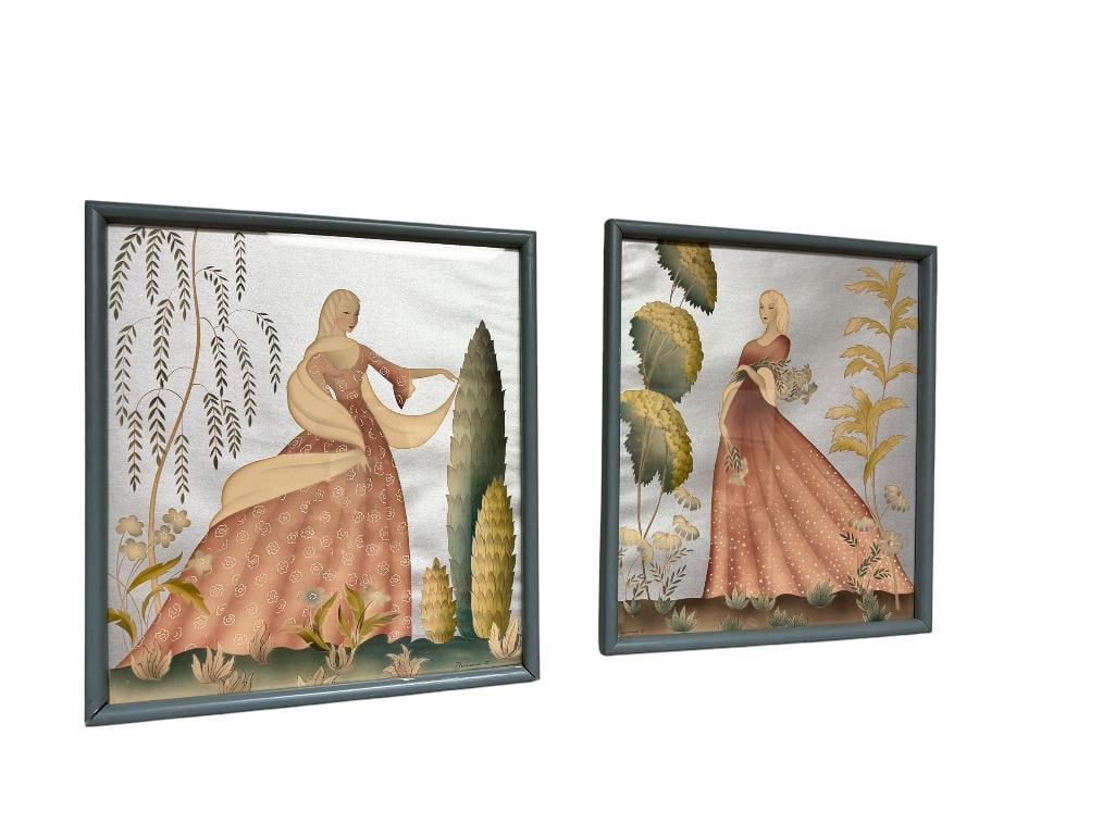 PAIR OF VINTAGE 1940'S ART DECO STYLIZED DECORATIVE AIRBRUSHED WATERCOLOR ART BY BERNARD OF NEW Y... (1 of 19)