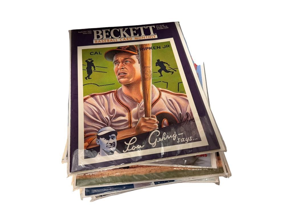 16 ISSUES OF BECKETT BASEBALL CARD MONTHLY MAGAZINES FROM THE 1990'S: FEATURING LEGENDS LIKE MICKEY MANTLE, NOLAN RYAN, AND OTHERS ON COVERS, ALL WRAPPED IN PLASTIC, IN GOOD CONDITION 8" X 11"