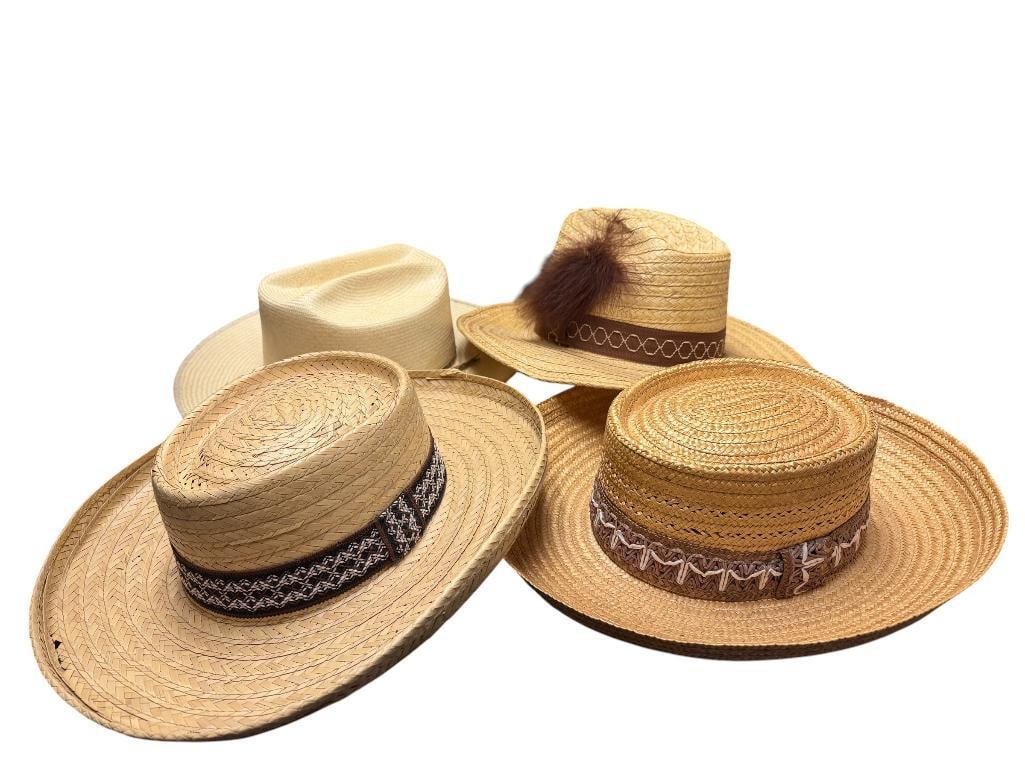 FOUR VINTAGE STYLE WOVEN STRAW AND PALM LEAF COWBOY HATS INCLUDING ITALIAN MADE HAT: ALSO INCLUDES MUSTANG COWBOY HAT AND TWO WOVEN PALM LEAF HATS MADE IN KOREA, HATS ARE IN FAIR CONDITION VARIOUS SIZES