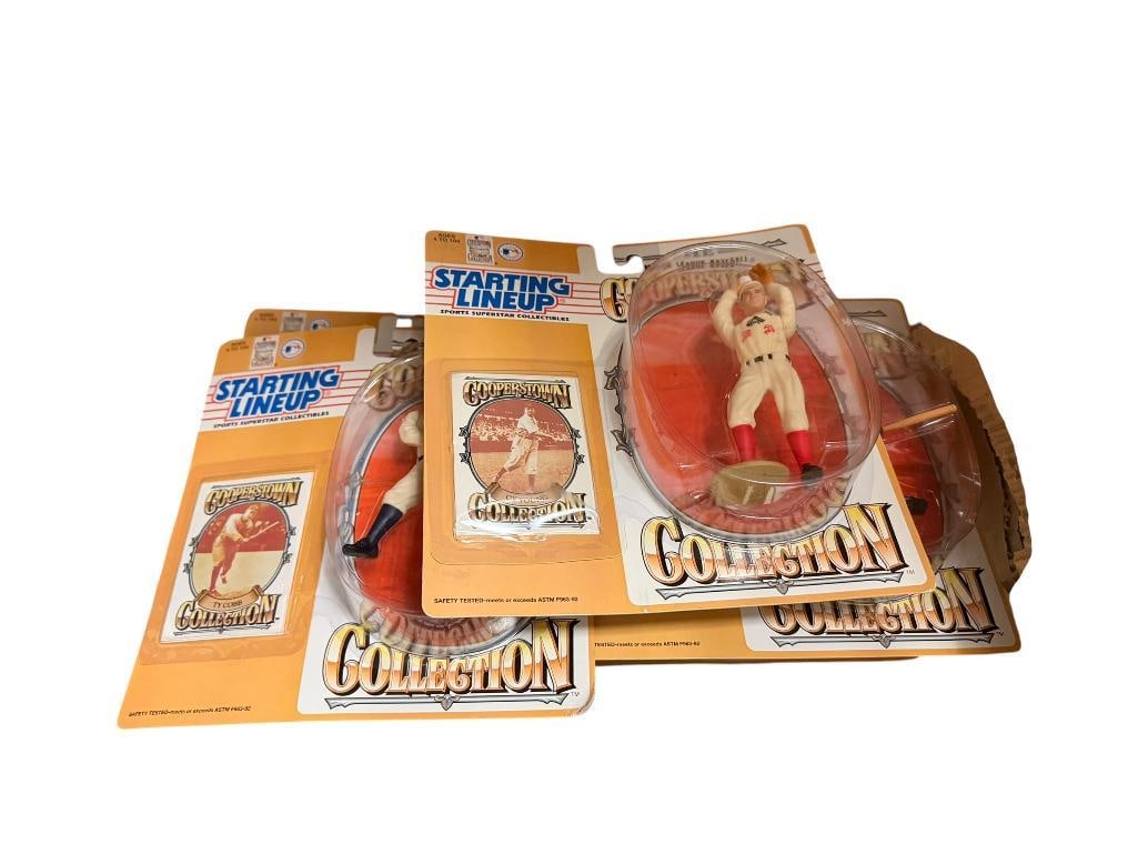 FIVE 1990'S HASBRO STARTING LINEUP THE MAJOR LEAGUE BASEBALL COOPERSTOWN COLLECTION ACTION FIGURES: INCLUDING LEGENDS OF THE GAME HONUS WAGNER, LOU GEHRIG, JACKE ROBINSON, TY COBB, AND CY YOUNG, ALL SEALED IN ORIGINAL PACKAGING 6" FIGURES