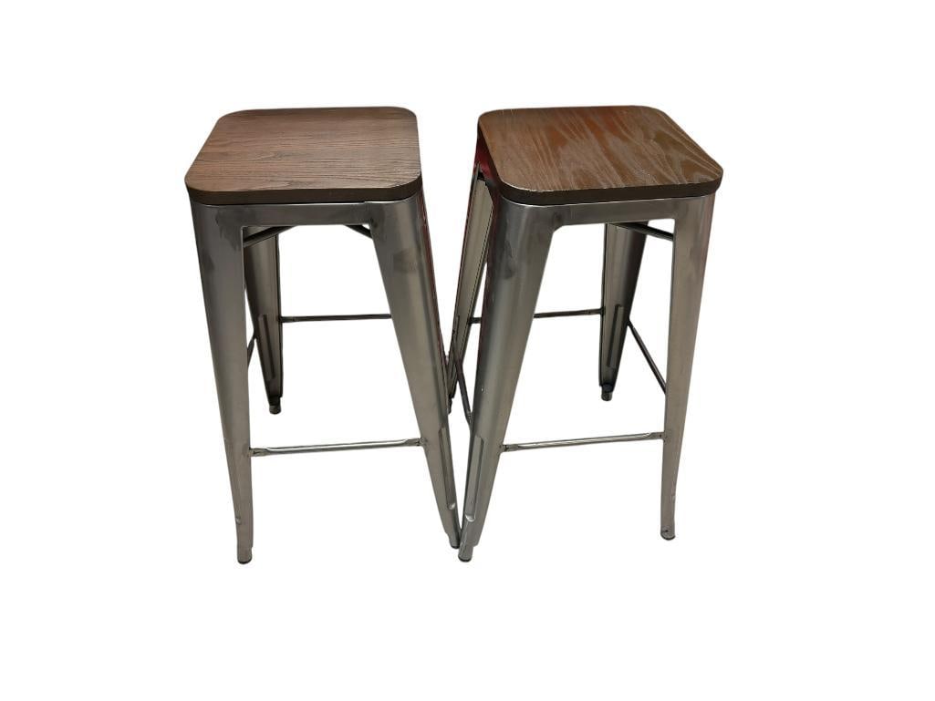 PAIR OF INDUSTRIAL STYLE SQUARE BAR STOOLS WITH METAL FRAMES AND WOOD SEATS (1 of 7)