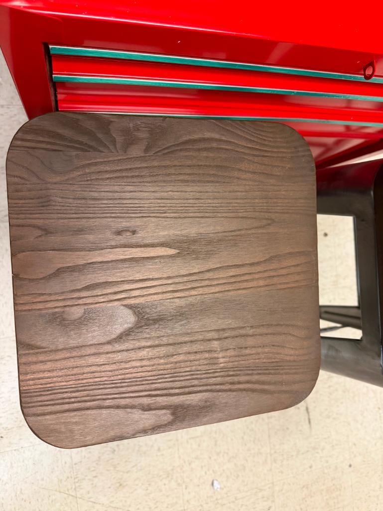 PAIR OF INDUSTRIAL STYLE SQUARE BAR STOOLS WITH METAL FRAMES AND WOOD SEATS - 6