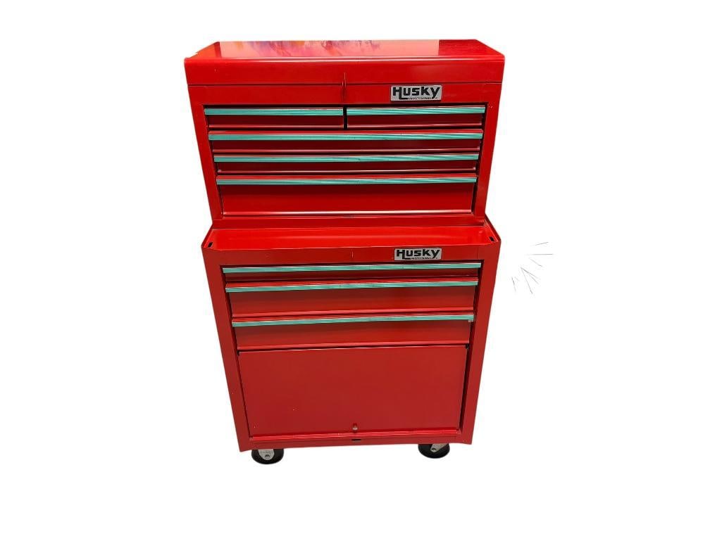 HUSKY PROFESSIONAL RED METAL TOOL CHEST AND TOOLBOX TOP: TWO PARTS, INCLUDES CONTENTS, BOTTOM CHEST IS ON WHEELS, GOOD CONDITION 27" X 17" X 46" TOTAL