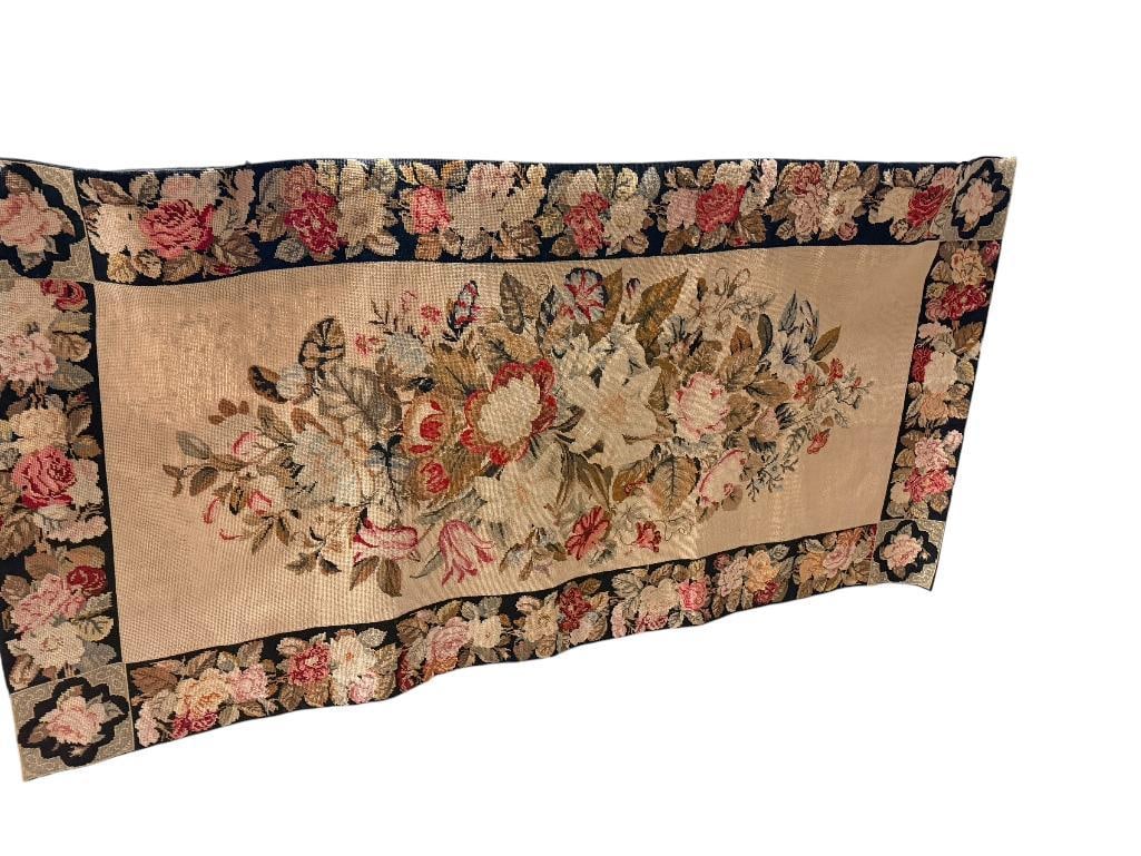 DREXEL HERITAGE ACCESSORIES 100% WOOL NEEDLEPOINT RUG FEATURING FLORAL MOTIF: INCLUDES MAKER'S LABEL, COULD USE A CLEANING 70" X 35"