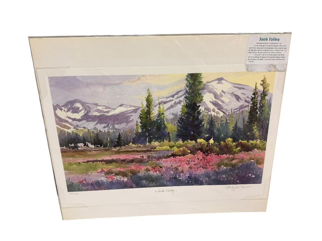 " FAITH VALLEY " LIMITED EDITION LITHOGRAPH BY LADY JILL MUELLER: FEATURING FORESTDALE CREEK AND THE SIERRA PEAKS, SIGNED AND NUMBERED 495/500, SEALED IN PLASTIC TO POSTERBOARD, INCLUDES CERTIFICATED ON BACK WITH REGISTRATION CARD 24" X 15"