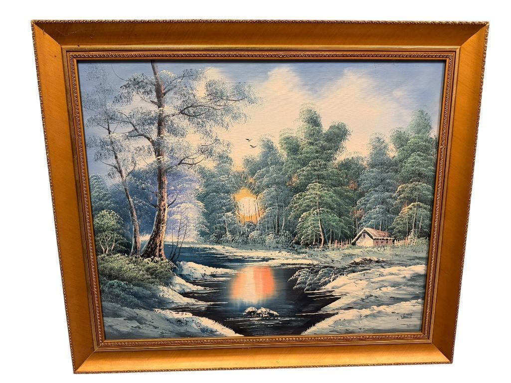 ORIGINAL OIL PAINTING ON CANVAS OF WINTER LANDSCAPE SCENE FEATURING STREAM, COTTAGE, AND FOLIAGE (1 of 8)