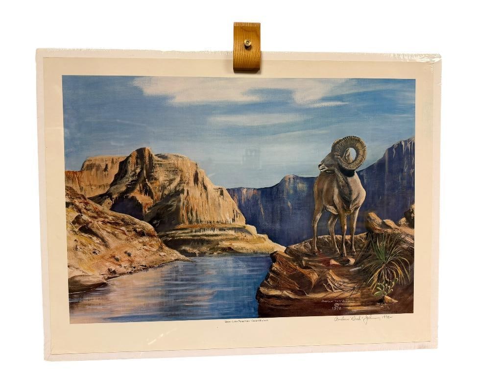 " UPPER LAKE MEAD RAM" DESERT BIGHORN SIGNED PRINT BY ANDREW "DICK" JOHNSON DATED 1978 (1 of 9)