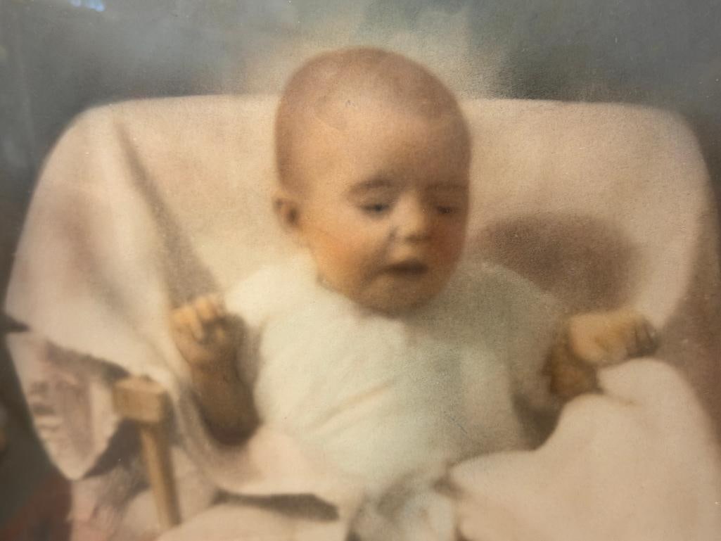 ANTIQUE HAND COLORED PHOTOGRAPH OF A BABY IN A HIGH CHAIR - 3