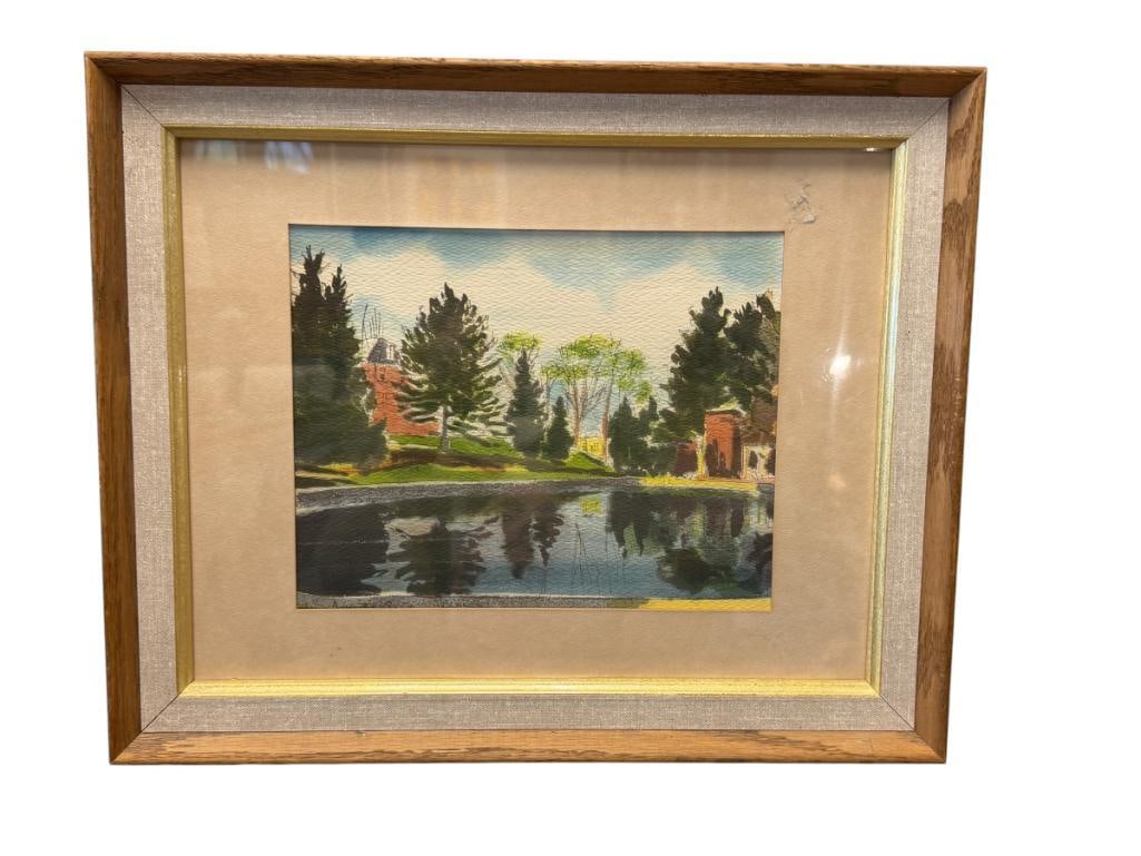 VINTAGE PRINT OF A WATERCOLOR LANDSCAPE: ART DEPICTS POND WITH CITY VIEW IN THE BACKGROUND, PLATE SIGNED LOWER LEFT, FRAMED 16" X 13" FRAME