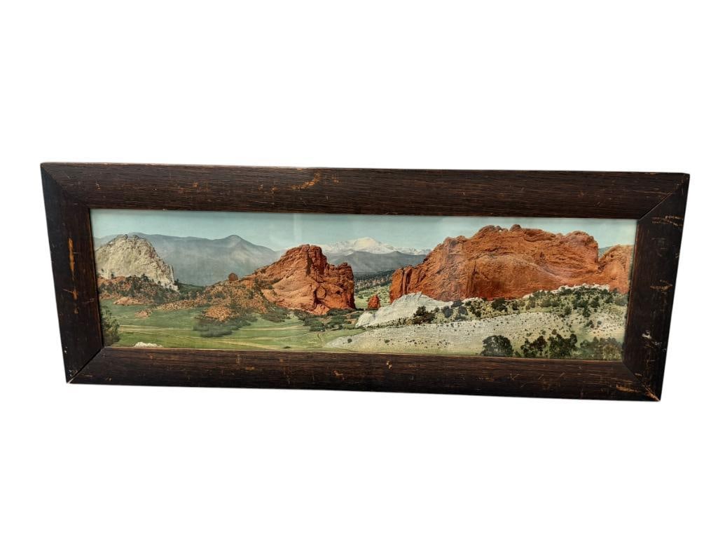 DETROIT PHOTOGRAPHIC CO. PIKES PEAK FROM THE GARDEN OF THE GOD'S COLOR PRINT COPYRIGHT 1898: PHOTO DEPICTS VIEW OF VALLEY AND MOUNTAINS, FRAMED 28 1/4" X 10 1/4" FRAME