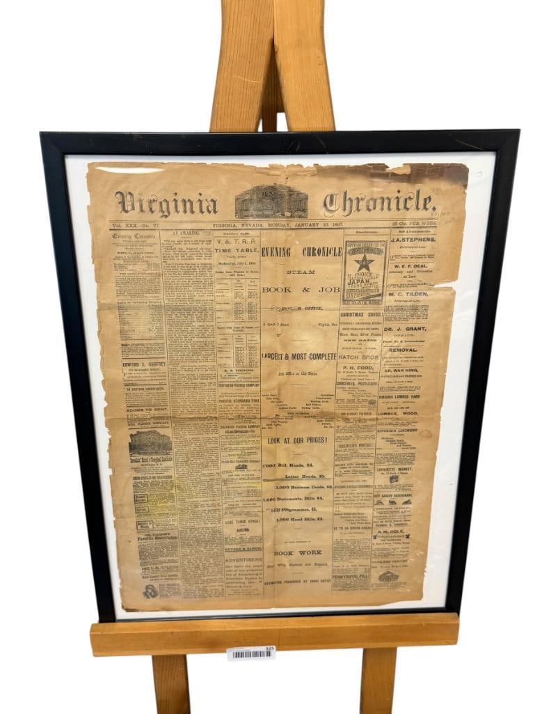 JAN. 10, 1887 VIRGINIA, NEVADA CHRONICLE NEWSPAPER VOL. XXX NO. 77: TWO PAGES OF OLD VIRGINIA CITY NEWSPAPER, FEATURES ADS, GOODS, ETC, EDGES DO SHOW WEAR AND FEW TEARS PRESENT, FRAMED 19 1/4" X 25 1/4" FRAME