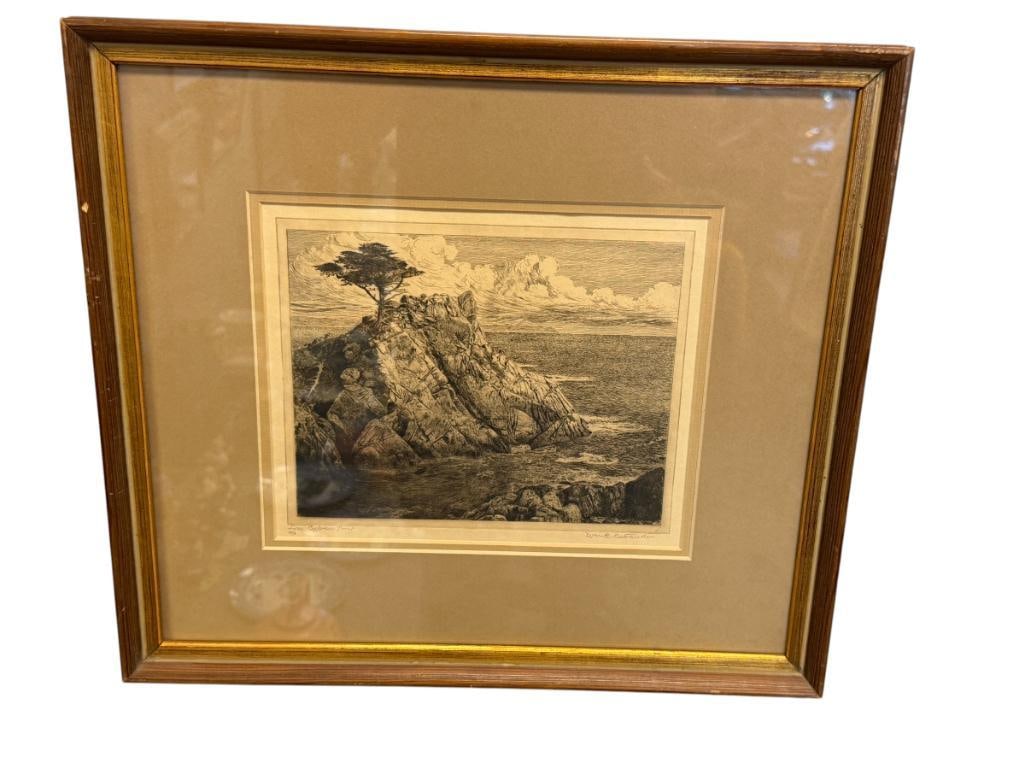 WILLIAM OSTRANDER LISTED AMERICAN ARTIST DRY POINT ETCHING TITLED LONE CYPRESS POINT, CALIFORNIA (1 of 8)