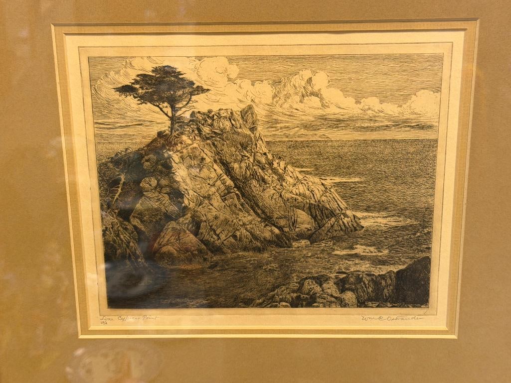 WILLIAM OSTRANDER LISTED AMERICAN ARTIST DRY POINT ETCHING TITLED LONE CYPRESS POINT, CALIFORNIA - 2